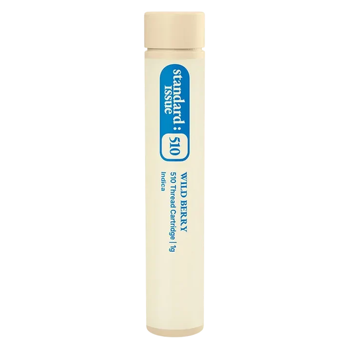 Tall, centered tube packaging photographed against white, labeled "Wild Berry Vape Cartridge" in blue vertical text with a beige cap.