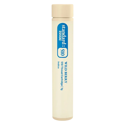 Tall, centered tube packaging photographed against white, labeled "Wild Berry Vape Cartridge" in blue vertical text with a beige cap.