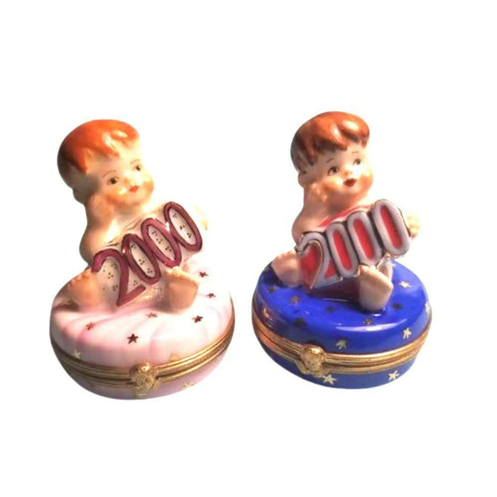 Year 2000 Cherubic Figurines Porcelain Limoges Babies Figurine French Trinket Box
