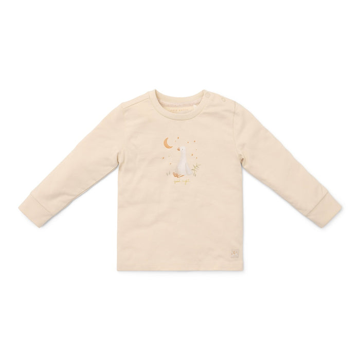 Zweiteiliger Little Dutch Pyjama Baby Goose mit Gans auf dem Oberteil und gestreifter Hose in Weiß und Beige
