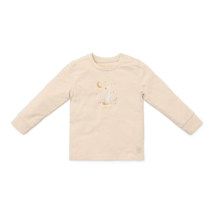 Zweiteiliger Little Dutch Pyjama Baby Goose mit Gans auf dem Oberteil und gestreifter Hose in Weiß und Beige